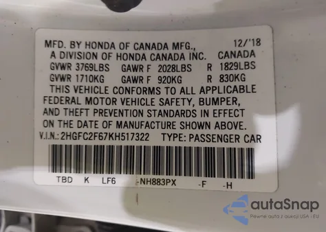2019 Honda Civic Lx z USA, uszkodzony, nr VIN 2HGFC2F67KH517322
